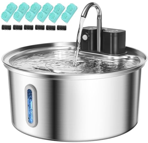 Fontanella per Gatti Senza Fili, Fontanella per Gatti in Acciaio Inox, Fontana per Gatti con Sensore di Movimento e 45 Giorni, Fontana per Gatti con Serbatoio Dell'acqua 3.2L- 6 Filtro+6 spugna