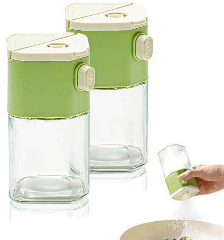2 Pack 2 in 1 Glass Salt Shaker with Side Spout, 0.5g Quantitative Pressed Salt Container Refillable Seasoning Bottle, Borosilicate Glass Spice Shaker, for Sugar, Salt, Camping, Kitchen, BBQ (200 ml)