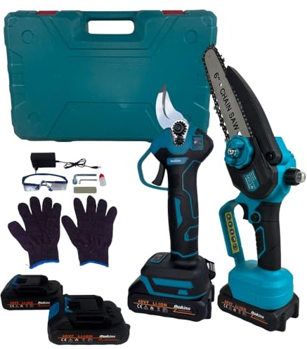 Kit Potatura, Forbici da Potatura Display e Mini Sega Elettrica, Motosega Lama 6 Serbatoio Olio, Trancia Rami Professionale Cesoie Elettriche portatile, 2 Batterie da 48V, Valigetta e Accessori