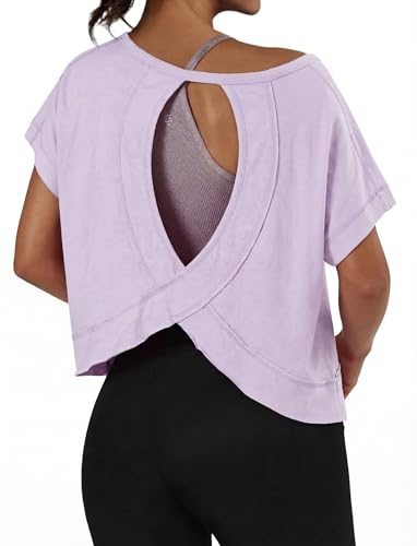 GRECERELLE Women's Loose Fit Workout T-Shirt Short Sleeve Gym Top with Open Back for Running Yoga Pilates - Quick Dry & Breathable
