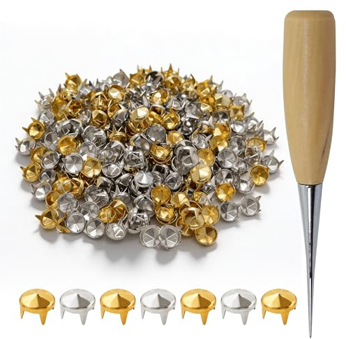 Trimming Shop Tachuelas de punta de corte de diamante de 5 mm con puntas y herramienta de punzón, remaches de metal dorado y plateado para artesanía en cuero, ropa, bolsos, kit de adornos punk, juego