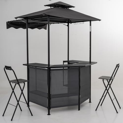 KOMFOTTEU Cenador de Barbacoa con 2 Sillas Plegables, Mesa de Bar (Gris)