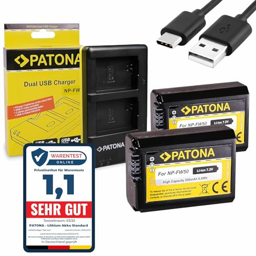 PATONA Set - Dual Ladegerät USB-C/Micro-USB mit 2X NP-FW50 Akku, 950mAh | Kompatibel mit Sony Alpha 7 7R 7II 7S A5000 A6000 A6300 A6400 A6500 ZV-E10 DSC RX10 Mark II III IV RX1R III DSC-RX1RM3