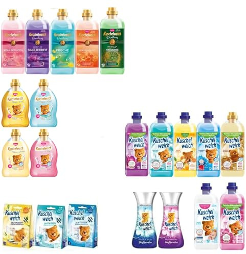Kuschelweich 27tlg. Mix-Set: 18x Kuschelweich Weichspüler + vegan | 2x Wäscheparfüm | 4x Duftsäckchen inkl. 3tlg. Einkauf-Set in Weiß - Orange, Frisch
