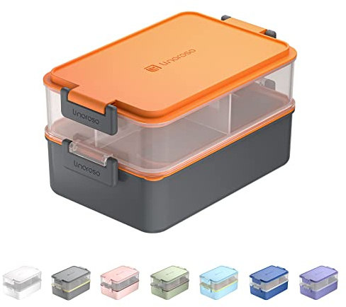 linoroso Bento Lunch Box for Adults with 3 Compartments Lunchbox with Sauce Container and Utensils, Bento Boxes for Microwave and Dishwasher Plastic BPA-Free As Sandwich Snack Salad Box - Lava Orange