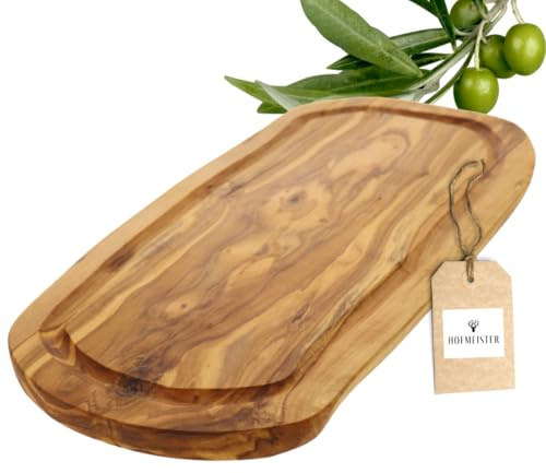 HOFMEISTER® Schneidebrett Olivenholz – Holzbrett mit Unikat-Maserung, klingenschonend und robust, in Handarbeit gefertigt – mit Saftrille, 30 x 20 x 1,5 cm (1 Stück)