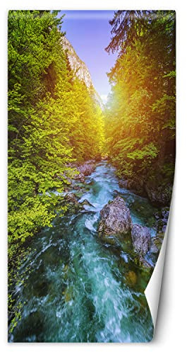 Feeby Carta da Parati Autoadesiva per Porte Montagne ruscello cascata 100x210 cm Fotomurali Poster Per Soggiorno Camera Da Letto Cucina Ufficio Alberi Foresta Natura verde