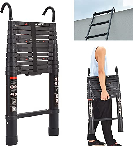 BRIEFNESS Échelle télescopique de 3,8 m avec crochet amovible - Échelle en aluminium robuste et extensible - Échelle multifonction - Capacité de 150 kg - Conforme à la norme EN131 - Noir