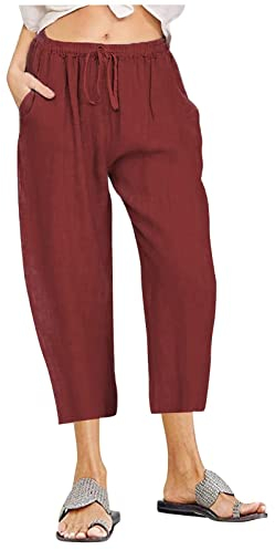 Jeans Hose Damen Hose Schwarz Damen Schwarze Hose Damen Stretch Einfarbiges Tunnelzug Leinenhose Mit Taschen Locker 7/8 Hosen Anzughose Damen (Wein, XL)