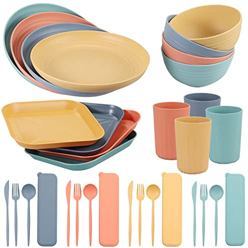 FUNYKICH Geschirrsets, 32pcs Camping Geschirr Set für 4 Personen, Leicht & Unzerbrechlich & Wiederverwendbar, mit Schüssel, Teller, Esslöffel, Essgabel, Essmesser, Becher für Geschenk Picknick Camping