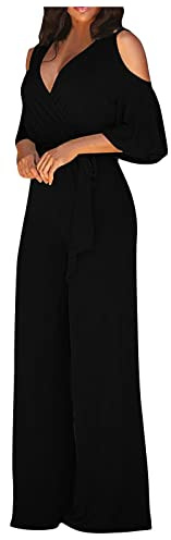 Combinaisons Et Combishorts Femme Chic Et Élégant Rompers Jumpsuit Col V Sexy Taille Haute Salopette De Travail Palazzo Uni Basic Pantalon Fluide Été Chic Overall Pants Noir M