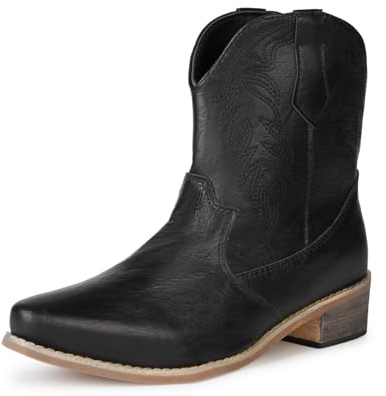 Remxi Womens Western Cowboy boots Ankle Boots Low Chunky Pointed Toe Shoes Cowgirl PU Leathter Boots Black UK 6