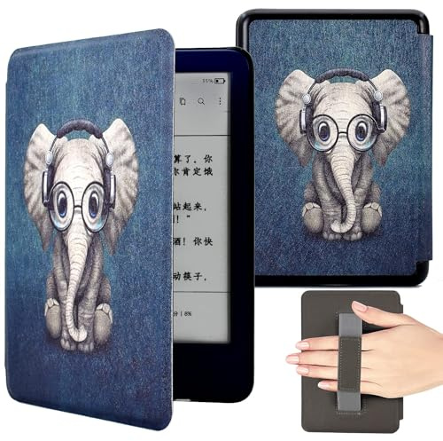 BYCeKe kompatibel mit Kindle 6,8'' Paperwhite 11. Generation Hülle 2021 (Modell: M2L3EK/M2L4EK), Leichte PU Leder Schutzhülle mit Handschlaufe und Auto Schlaf/Wach Funktion,Elefant