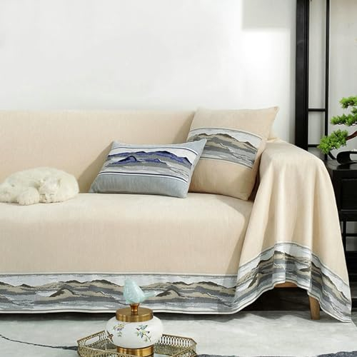 Ayoiow Sofabezug Elastisch Sofahusse Beige Sofahusse 4 Sitzer Chenille Malmuster Sofa Decken Bezug