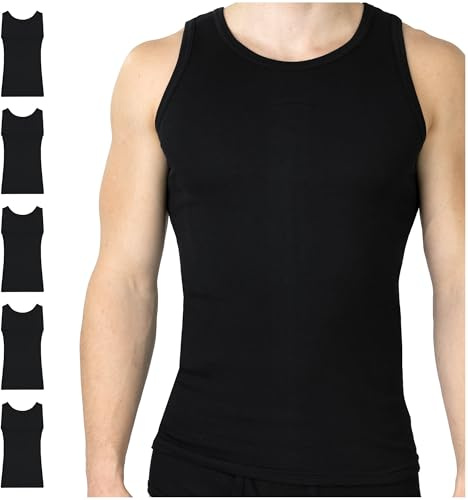 SES finribbad undertröja för män, 5-pack S – 4XL/figurnära tanktopp för män av 100 % bomull/herrundertröjor med kroppsnära passform, svart, XL