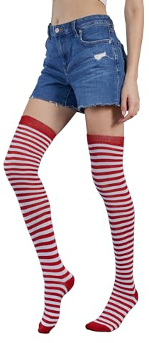 FGFD&OU Chaussettes Hautes Montantes Femme Rayées Chaudes Chauffantes Thermiques de Genoux Longues de Noël Pour Filles (Rouge et Blanc)