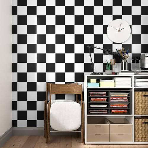 Yullpaper Papier peint tartan noir et blanc à décoller et à coller pour chambre à coucher, couloir, salon, rouleau de papier peint en vinyle noir et blanc lavable pour meubles de cuisine 40 cm x 800