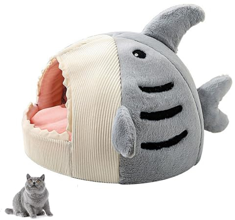 YPDOPORA Cat Beds for Indoor Cats, Shark-Shaped Warm Cat Cave with Removable Washable Pillow for Cat, Warm Soft Kitten Houses & Condos for Dogs And Cats,Gray,L