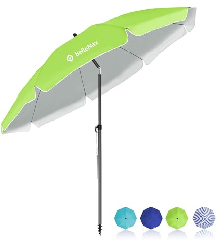 BelleMax Parasol de Plage Exterieur, avec ancre de sable 12 cm & Sac de Parasol, Inclinable sur 30°, Hauteur réglable, pour Balcon, Plage, Terrasse, Protection Solaire UV50 +,Pomme Verte,180 cm