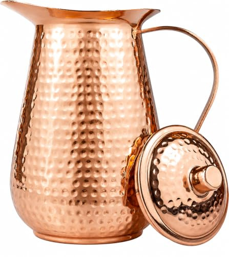 Bold & Divine Kupfer-Wasserkrug mit Deckel, 100 % reines Kupfer, Krug für Trinkwasser, Säfte und Getränke (2 l), handgefertigtes gehämmertes Gefäß