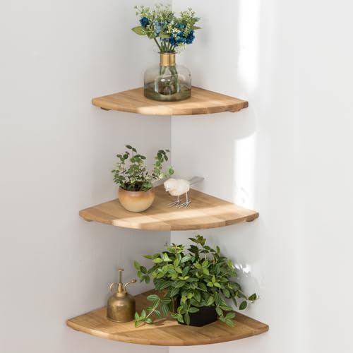 GIEANOO Flytande hörnhylla i rustik ek med rundad ände för högtalare, böcker, dekorationer, hörnhylla i trä, ek (naturlig ek, 22/25/30 cm(set med 3))