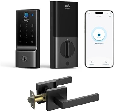 eufy Security Smart Lock Front Door Lever Set, Fingerprint Keypad Door Lock with Handle, Built-in Wi-Fi, App Control, Keyless Entry Deadbolt, 8 Months Battery, IP53 Waterproof, BHMA Certified