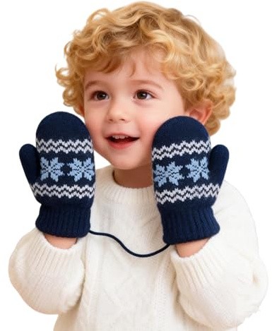 TCNGKIJIUK Moufles Tricotés pour Enfants 0 à 3 Ans Gants d'hiver Épais Chauds Mitaines en Peluche Gants Plein-Doigts Motif Cartoon Mignon avec Corde Anti-Perdue pour Ski Snowboard Camping Vélo Noël