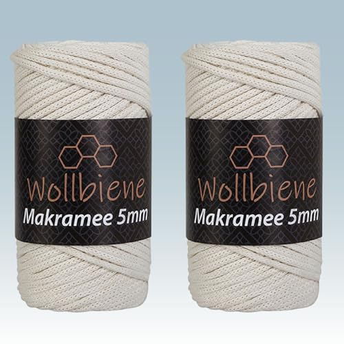 Wollbiene Makramee Garn 5mm I 2x70m I Makramee Natur - Baumwollgarn Mischgarn zum Knüpfen von Macrame - Rope Garn - Makramee-Garn aus Baumwolle für Kunst DIY Handwerk (creme 16)