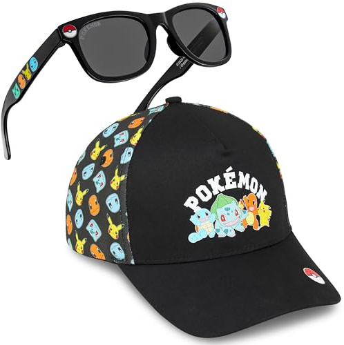 Get Trend Pokemon Berretto Baseball Occhiali da Sole Bambino Set Regolabile Cappello 100% UV Protezione Occhiali Sole (4-12 Anni, Nera Pokemon Set)