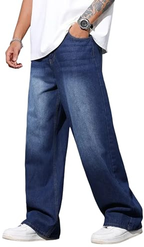QGRSWBC Men's Baggy Jeans Wide Leg Hip Hop Pants Vintage Loose Fit Trousers Streetwear Dark Wash Blue L