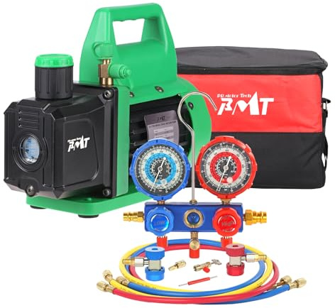 PB Motor Tech - Juego de Bomba de vacío y manómetro - Bomba de 4.5 CFM con manómetro de Aluminio, acopladores rápidos, Adaptador 410, Herramienta de Grifo y Bolsa de Transporte, para refrigerantes