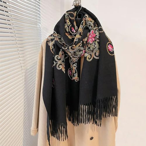 NYSDM Bufanda Bordada de Lujo Mujer, Pashmina Gruesa y cálida para el Cuello, Manta Larga con Flecos para Mujer, Chal Suave