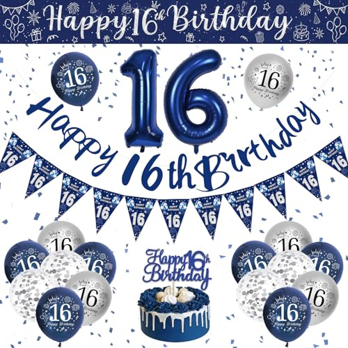 Geburtstag Deko Blau Silber Luftballons für Junge, Partydekoration mit Happy Birthday Girlande und Konfetti