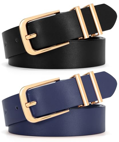 VONMELLI Damen Gürtel 2 Stück–Schmaler 2.5cm Ledergürtel mit Goldschnalle für Jeans Kleider & Business Outfit Schwarz + Marineblau Passform Taillenumfang 64-80cm