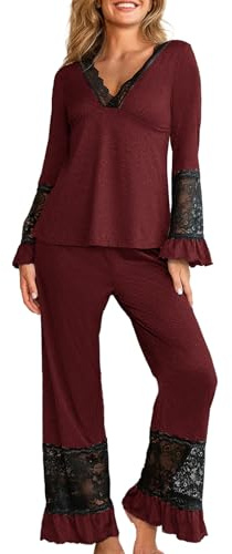 crazy bean Pigiama Donna Manica Lunga e Pantaloni in Pizzo Maglietta Scollo a V Maniche Lunghe con Volant Due Pezzi Leggero Elegante per Primavera Autunno Rosa XL