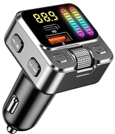 Bluetooth 5.3 Car Adapter with FM Transmitter & 42W PD Fast Charging, Wireless AUX/USB Music Receiver, Hands-Free Calls, Beat Sync LED Lights for Car Stereo, Compatible with All 12V-24V Vehicles