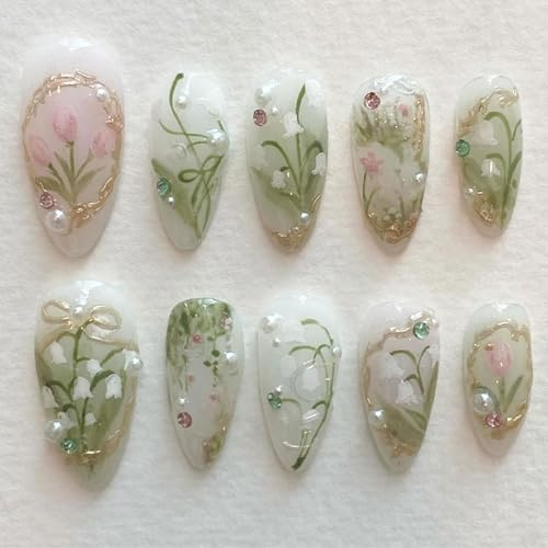 Cosmeria Kit d'Ongles Artificiels, 24 Pièces Design Fleurs Vertes, Ongles à Presser avec 12 Tailles, Ongles en Gel Souple à Coller pour Salon ou DIY à la Maison