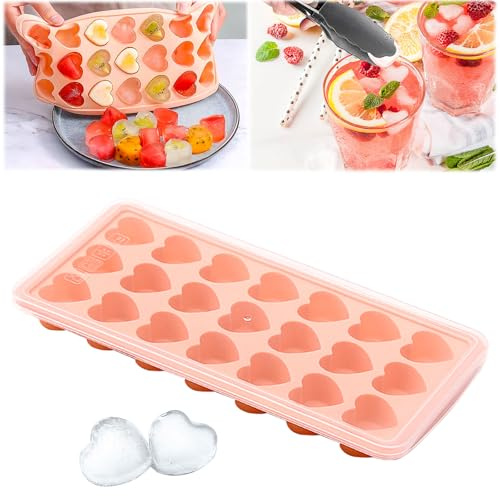 Heart-Shaped Ice Cube Trays with lid - 21 Holes Silicone Mini Heart Ice Cube Tray for freezer, BPA Free and Dishwasher Safe, Fun Shape Ice Cube Mold, Easy to Remove (pink)