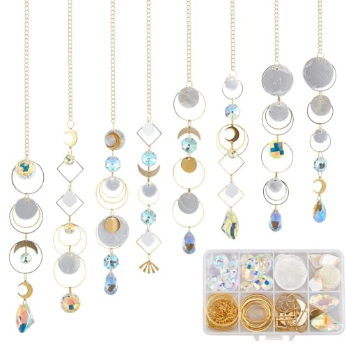 SUNNYCLUE 1 Box DIY 8 Sets Sonnenfänger DIY Kits Regenbogen Maker Sonnenfänger Zum Aufhängen Goldmond Sommer Capiz Muschel Buntes Glas Kristall Regenbogen Maker Sonnenfänger Für Fenster Innen Und Auß