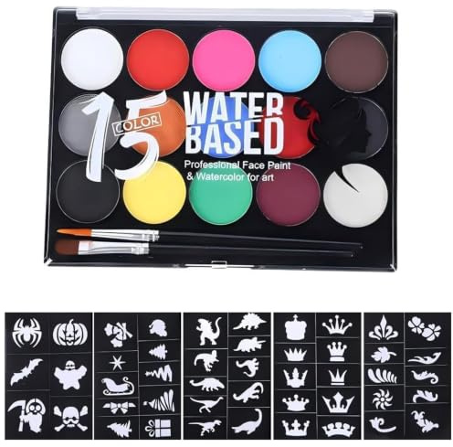 Gesichtsbemalungs-Set, 15 Farben, Palette mit 2 Pinseln, 46 Schablonen, waschbare Gesichtsfarben, Party-Make-up-Set für Halloween, Weihnachten, Cosplay