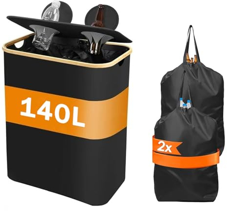 Foldable 140L Deposit Bottles Collection Container, Waterproof Bottle Collector Empty, Large Capacity Reusable Basket, Old Glass Empty Bottles Recycling Bins for Home Intdoor Kitchen,Black-57*37*67cm