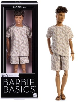 Barbie Basics Model Collector Ken Fashion Doll 10 with Brunette Hair in Shirt & Shorts with Matching Print, Universal-fit Fashions & Posable Body