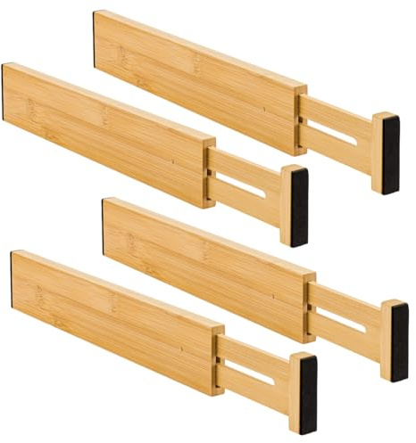 JF HOME BLISS 4 Pack Adjustable Bamboo Drawer Dividers 12.8-17 Long Expandable Drawer Organiser Separators for Kitchen Bedroom Bathroom Dresser Office – Spring Laded Dividers No Tools Required