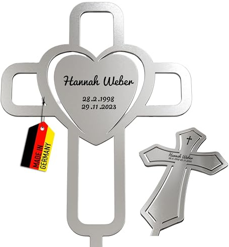 Customdo Edelstahl Grabkreuz aus Edelstahl mit Namen Datum Gravur - Grabschmuck Motive personalisierbar - Grabstecker Deko wetterfest Kreuz für Friedhof Grab Garten Abschied & Trauer Geschenk
