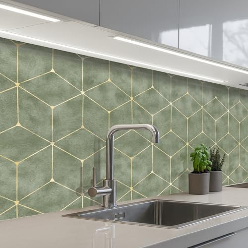 KitchenYeah© Crédence Adhésive Résistant À La Chaleur Protection Mur | 60x200 cm - Cuisine Panneaux Muraux Adhesif Panneau Decoratif Interieur Subtil - Géométrique - Or - Vert