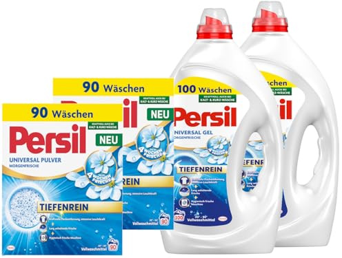 PERSIL Universal Pulver Morgenfrische 90 WL (2 x 4,95kg) + PERSIL Universal Kraft-Gel Morgenfrische 100 WL (2 x 4,5L) – Waschmittel Set für extra saubere & frisch duftende Wäsche