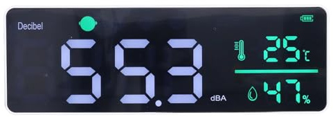 Aramox Medidor de Nivel de Sonido, Medidor de Ruido de Decibelios con Pantalla LED Grande, Termómetro de Brillo Ajustable, Higrómetro para Aula, Estudio, Fábrica, Sitio de Construcción