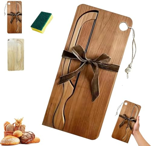 Bread Bow Knife and Cutting Board Set with Wooden Crumb Tray, Bow Knife and Board Set,Stainless Steel Serrated Sourdough Knifes and Cutting Boards for Homemade Bread Lovers (Brown)