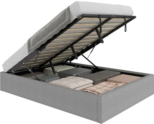 HOMCOM Struttura Letto Matrimoniale 140x190 cm, Letto Matrimoniale Imbottito con Contenitore, Pistone a Gas, Rete a Doghe in Legno, Senza Materasso, Silenzioso, Montaggio Facile, Altezza 28 cm, Grigio