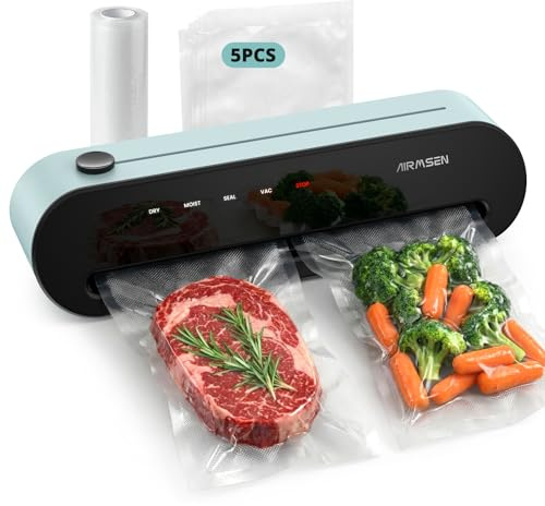 AIRMSEN Helautomatisk 6-i-1 vakuumförpackning med uppblåsningsfunktion, professionell enhandssug, integrerad skärare och rörhållare, inklusive väskor, grön